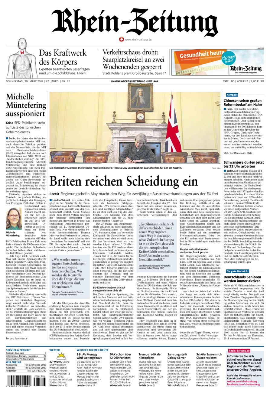 Rhein-Zeitung Koblenz & Region vom Donnerstag, 30.03.2017