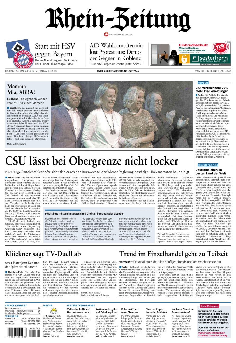 Rhein-Zeitung Koblenz & Region vom Freitag, 22.01.2016
