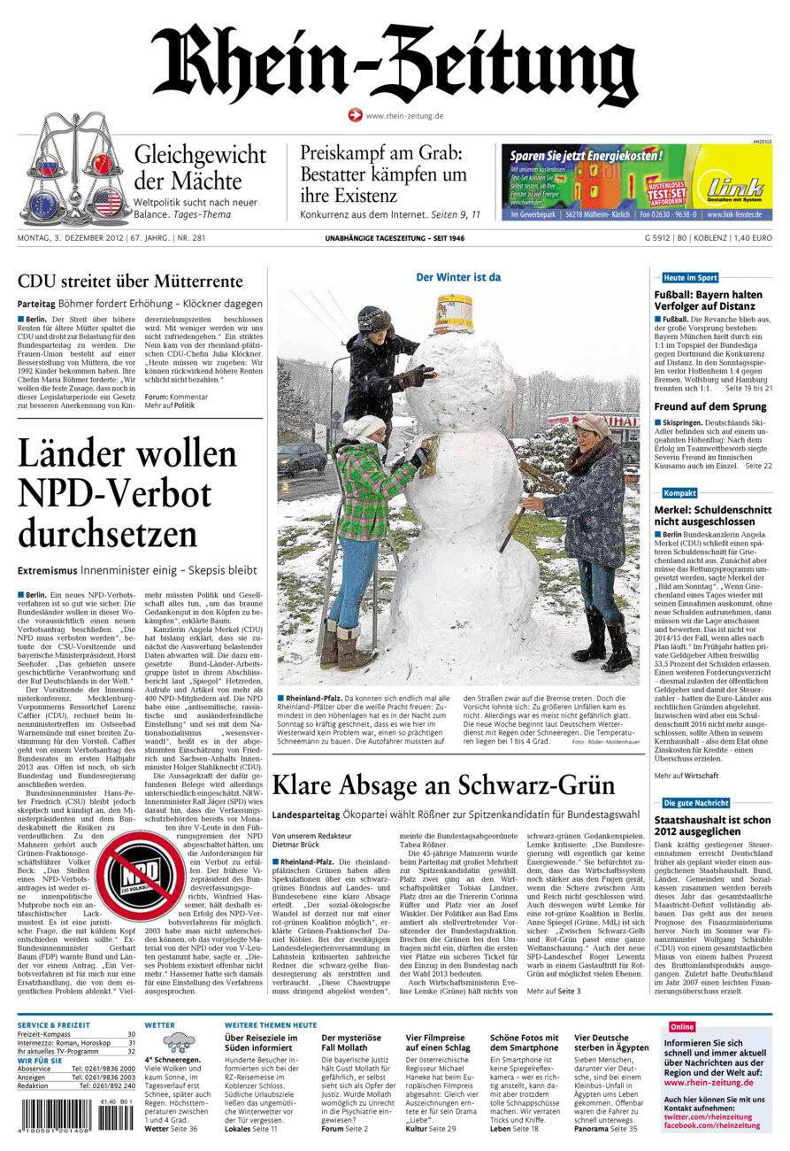 Rhein-Zeitung Koblenz & Region vom Montag, 03.12.2012
