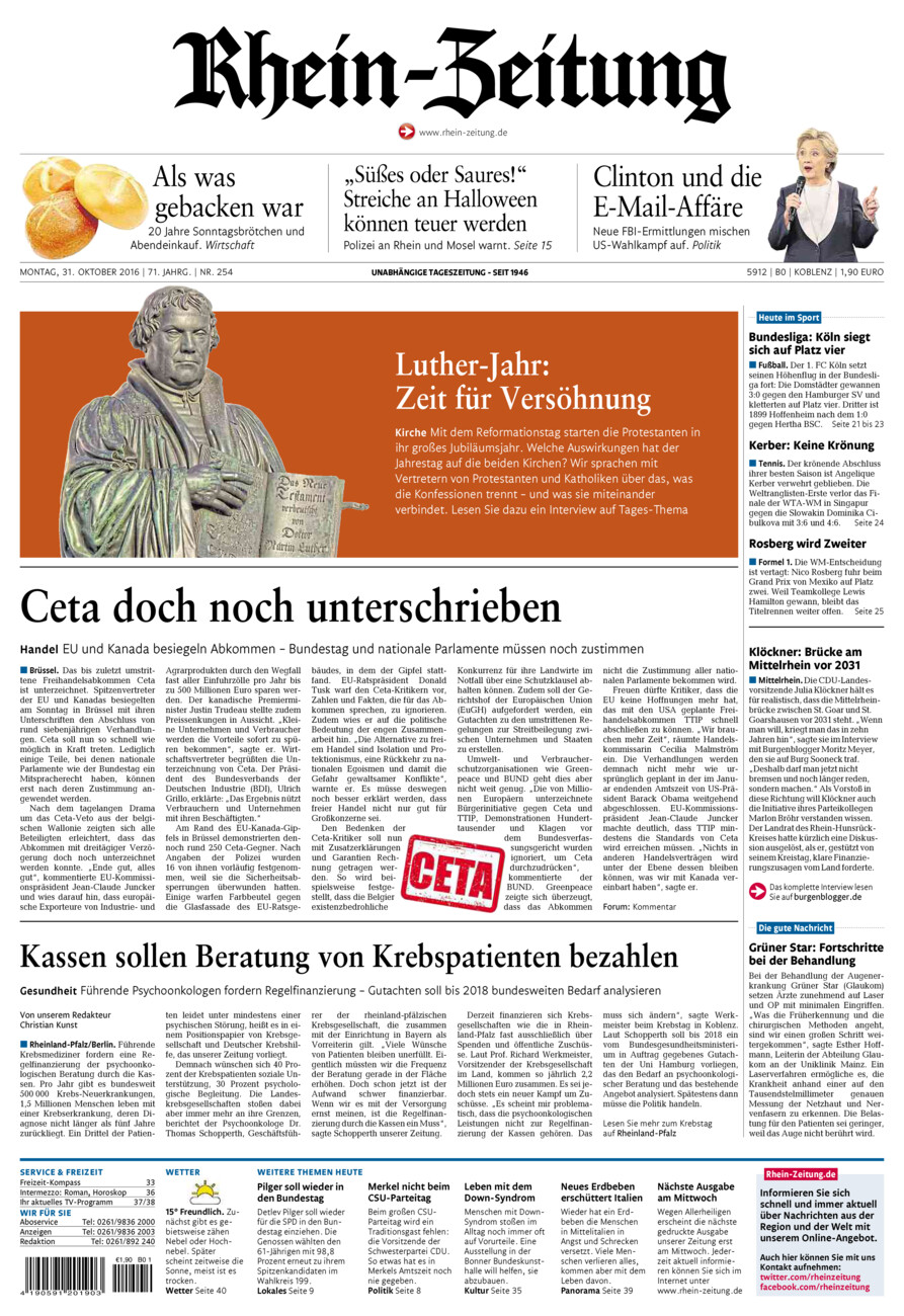 Rhein-Zeitung Koblenz & Region vom Montag, 31.10.2016