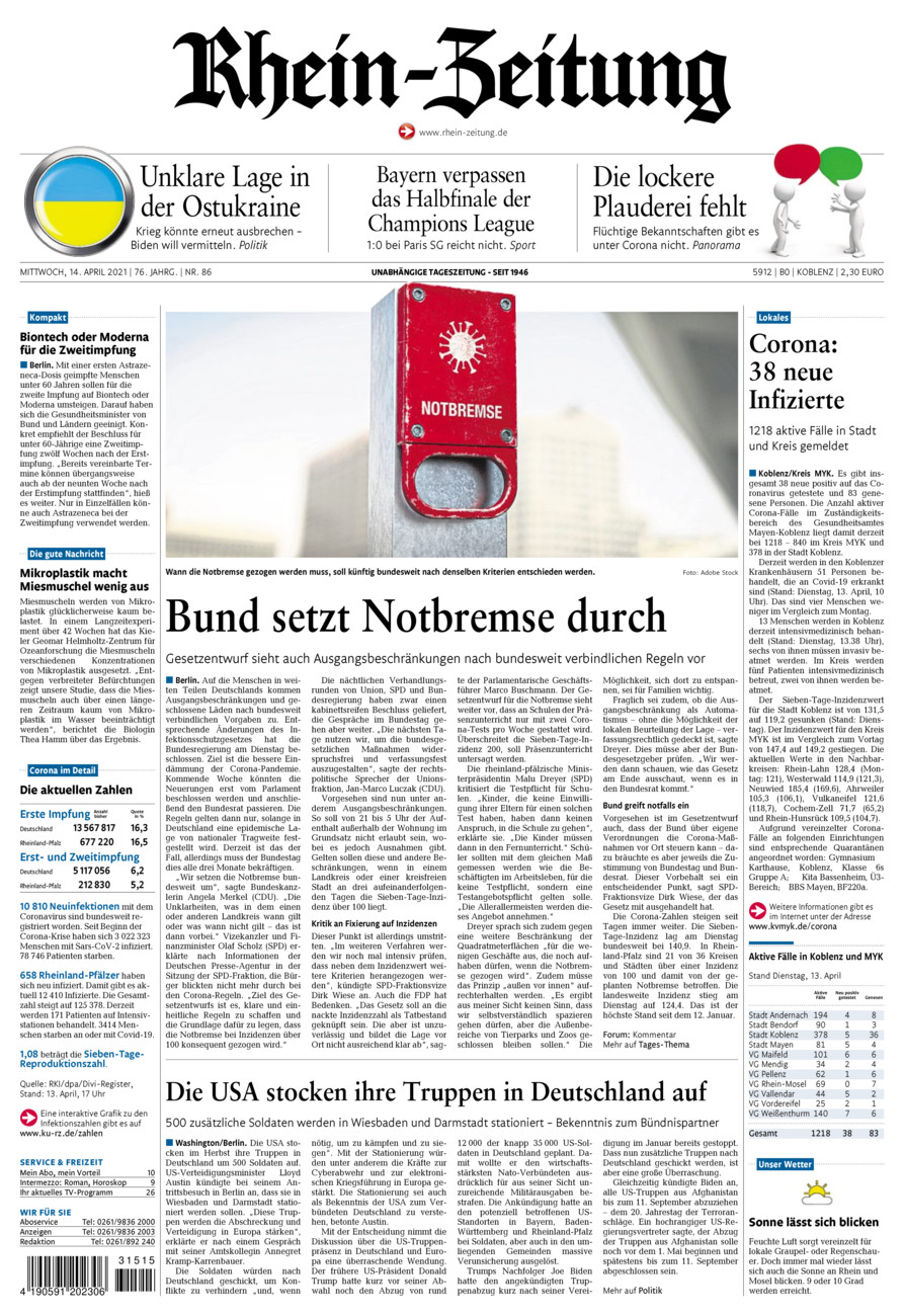 Rhein-Zeitung Koblenz & Region vom Mittwoch, 14.04.2021