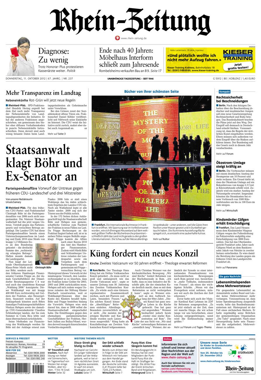 Rhein-Zeitung Koblenz & Region vom Donnerstag, 11.10.2012