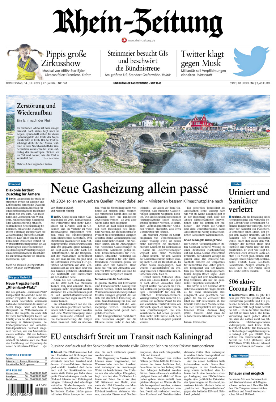 Rhein-Zeitung Koblenz & Region vom Donnerstag, 14.07.2022
