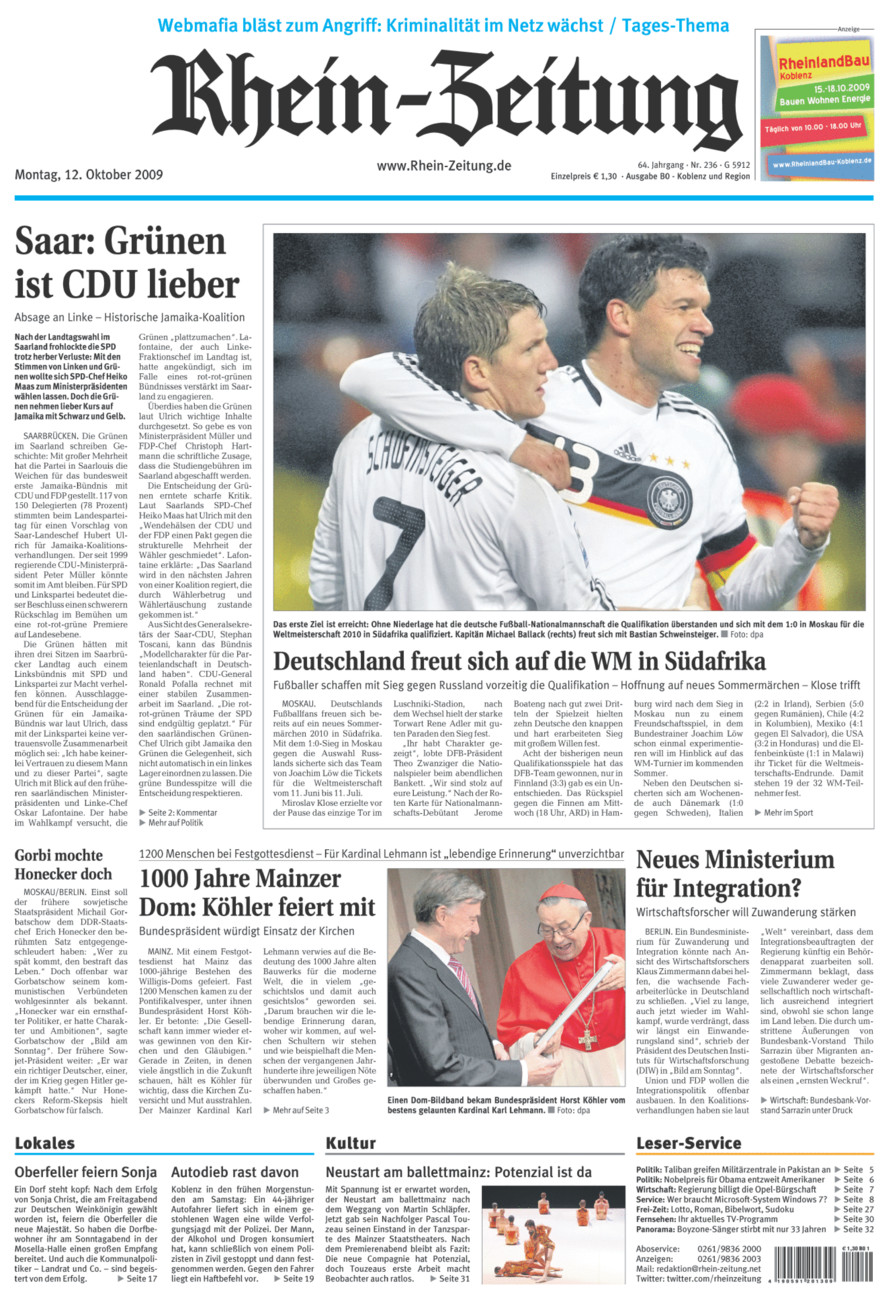 Rhein-Zeitung Koblenz & Region vom Montag, 12.10.2009