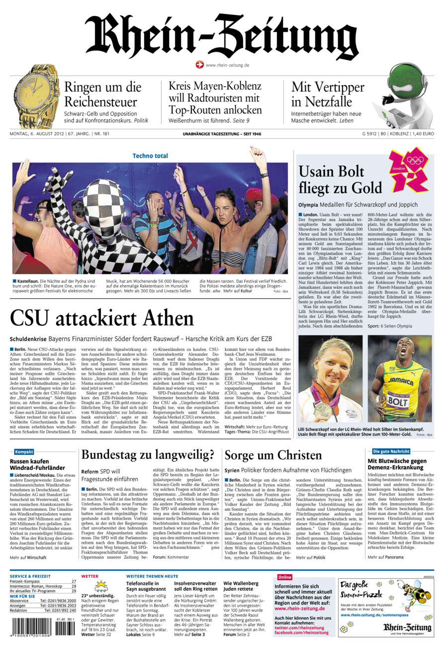Rhein-Zeitung Koblenz & Region vom Montag, 06.08.2012