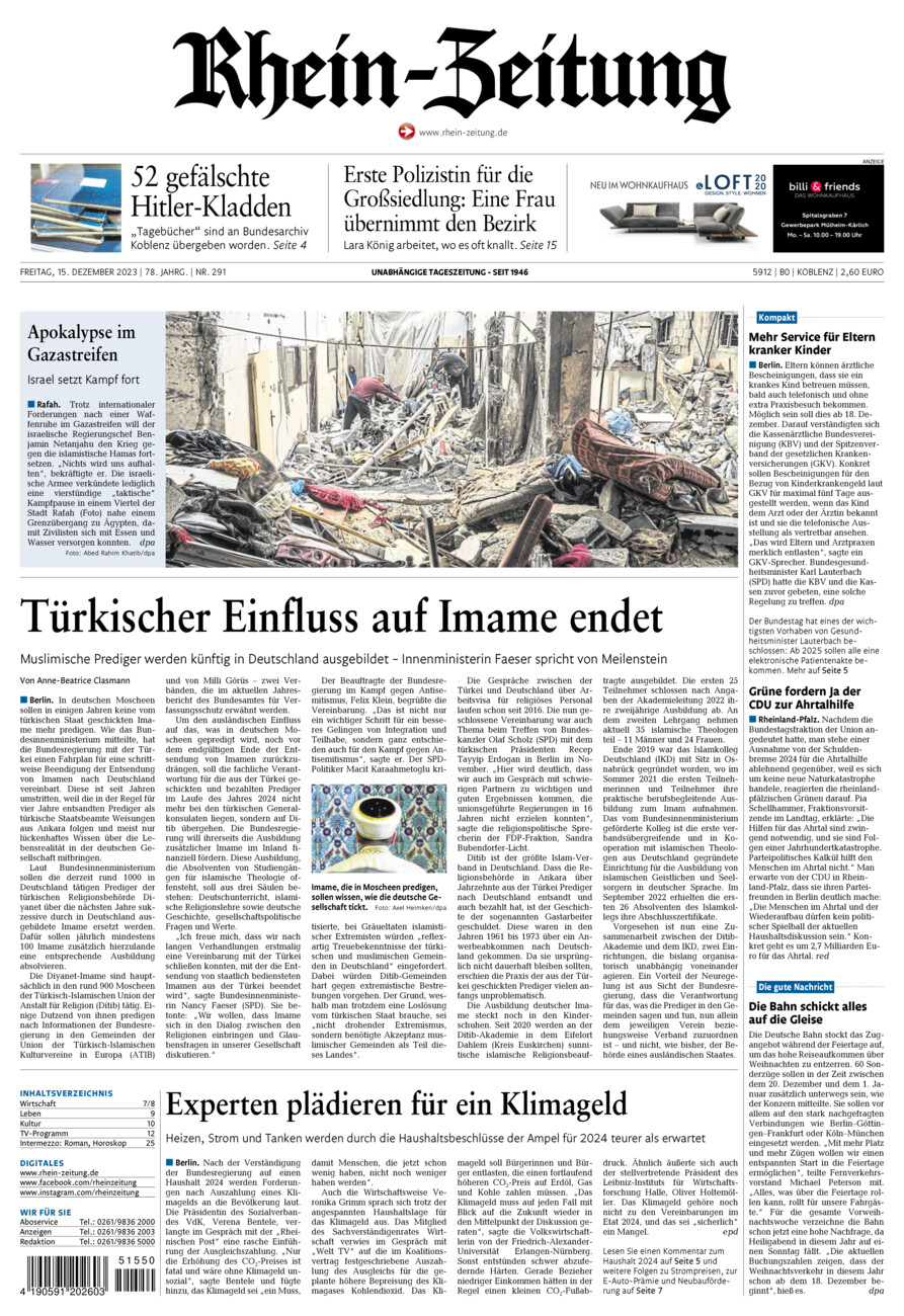 Rhein-Zeitung Koblenz & Region vom Freitag, 15.12.2023