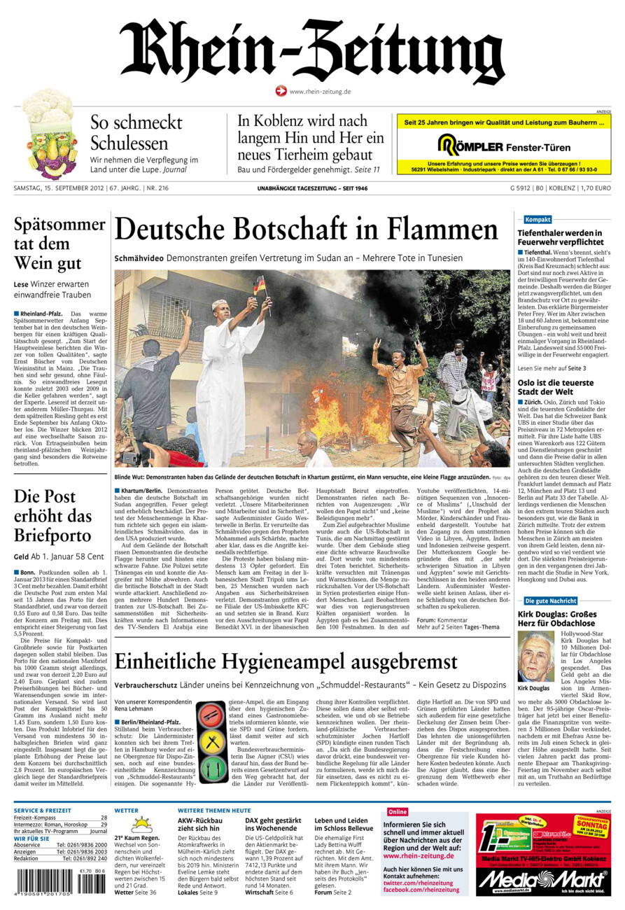 Rhein-Zeitung Koblenz & Region vom Samstag, 15.09.2012