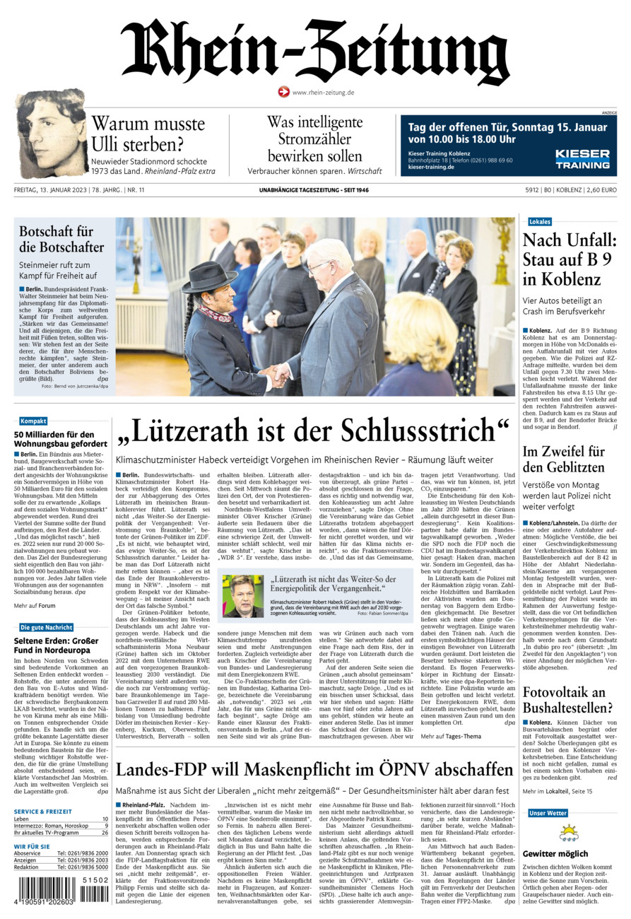 Rhein-Zeitung Koblenz & Region vom Freitag, 13.01.2023