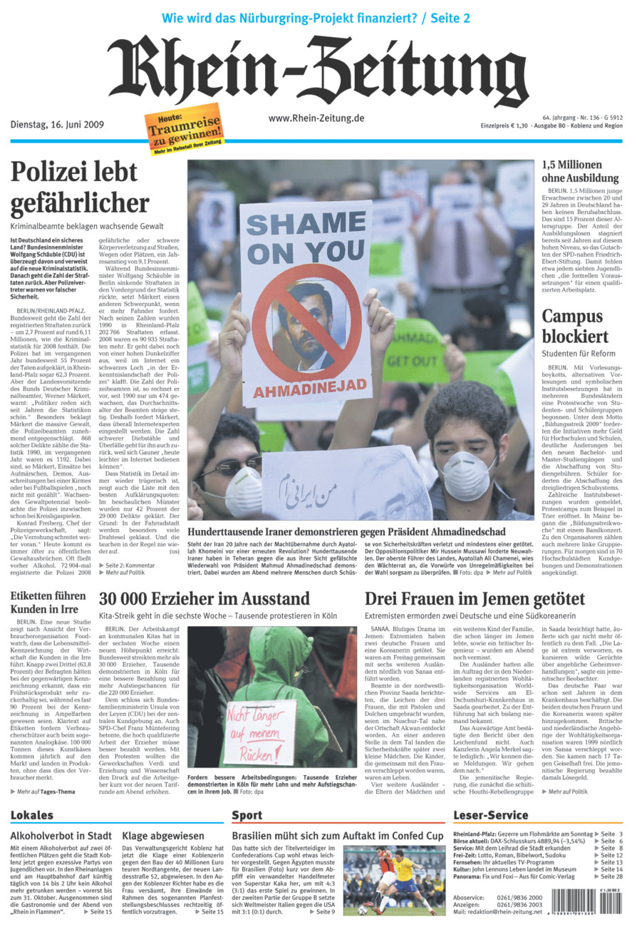 Rhein-Zeitung Koblenz & Region vom Dienstag, 16.06.2009