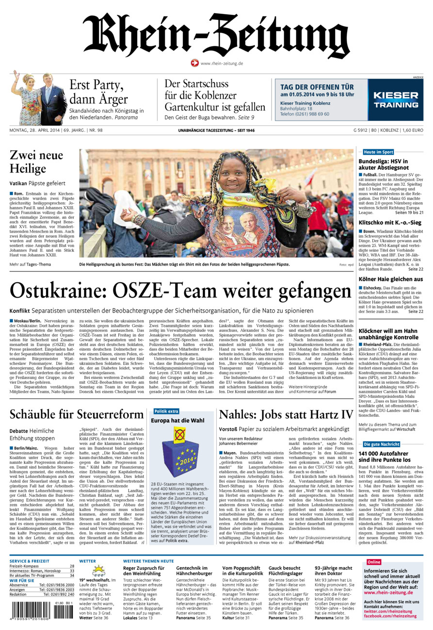 Rhein-Zeitung Koblenz & Region vom Montag, 28.04.2014