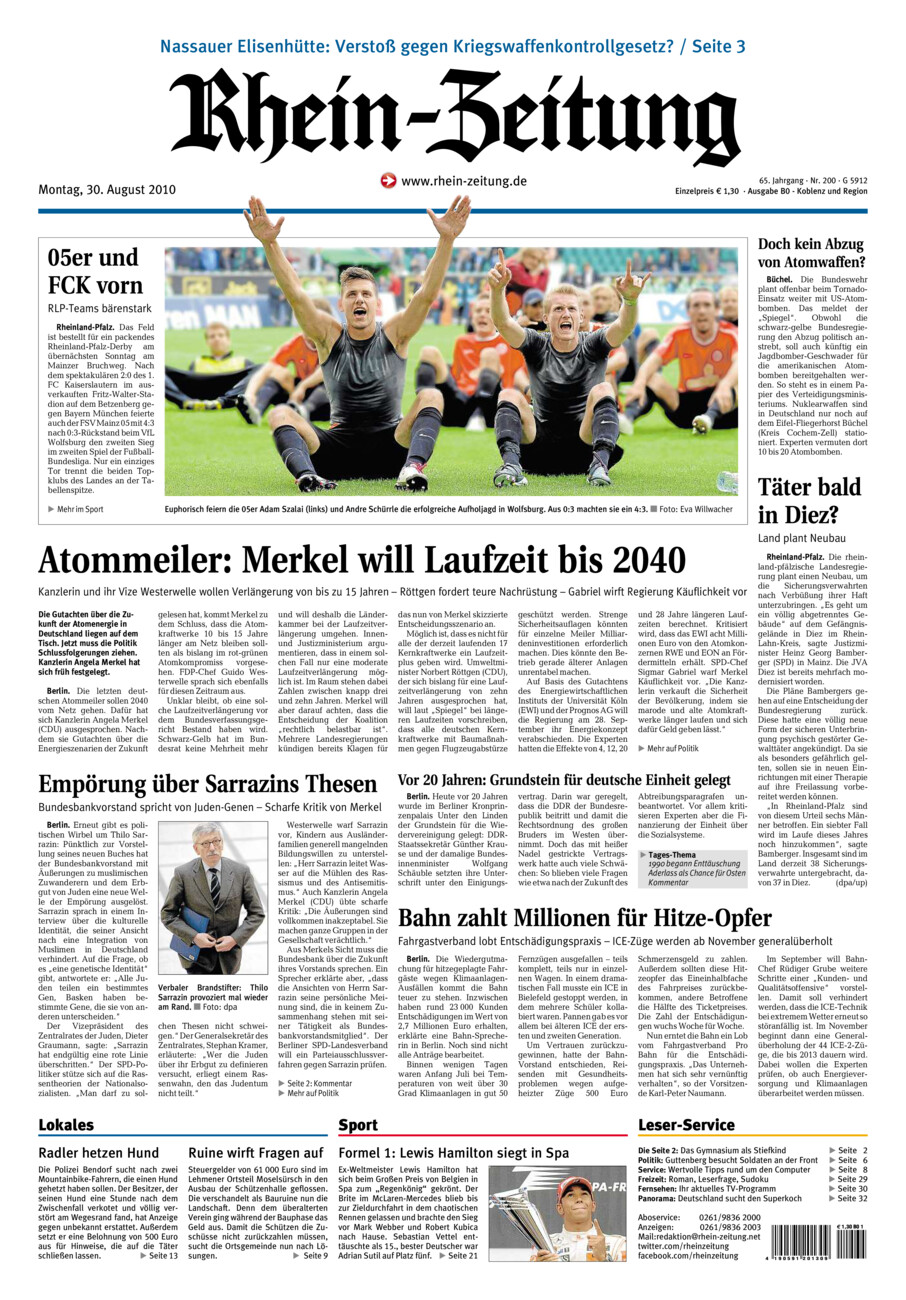 Rhein-Zeitung Koblenz & Region vom Montag, 30.08.2010