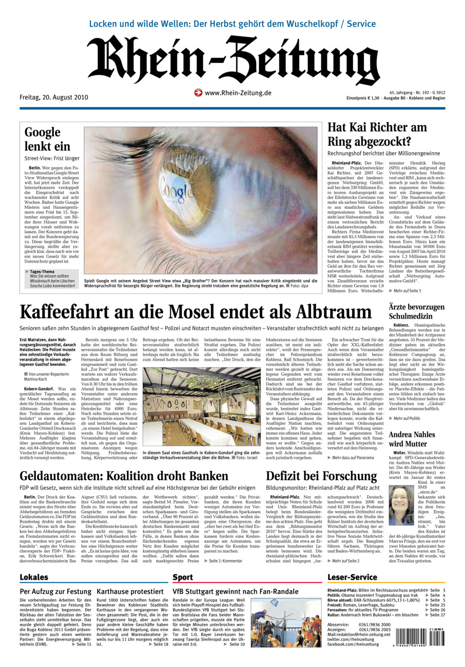 Rhein-Zeitung Koblenz & Region vom Freitag, 20.08.2010