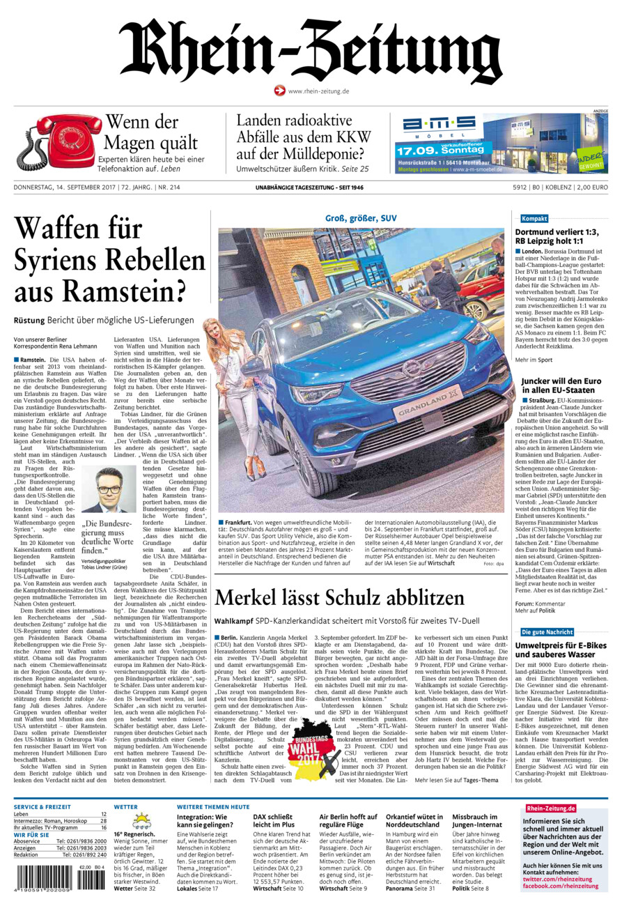Rhein-Zeitung Koblenz & Region vom Donnerstag, 14.09.2017