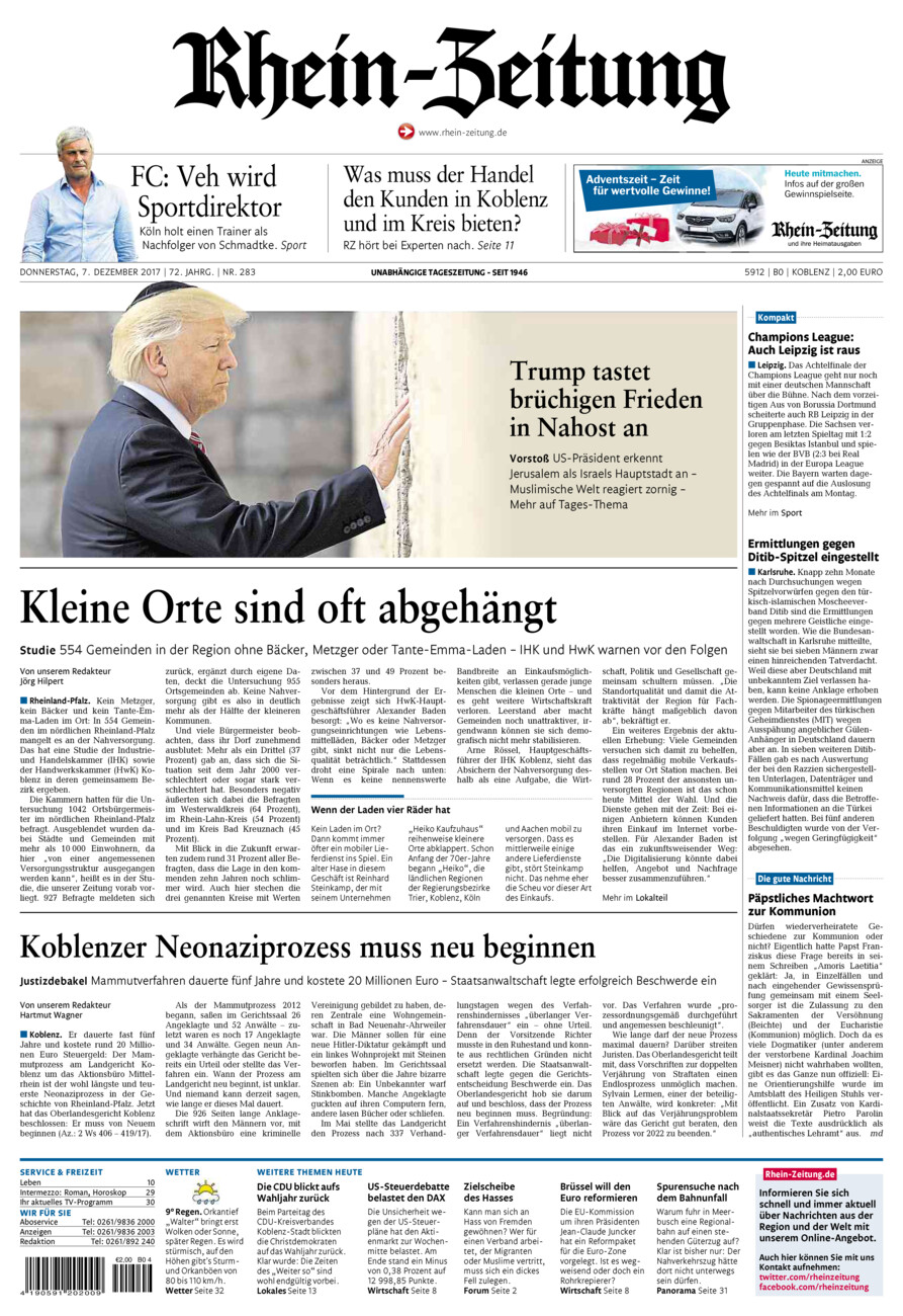 Rhein-Zeitung Koblenz & Region vom Donnerstag, 07.12.2017