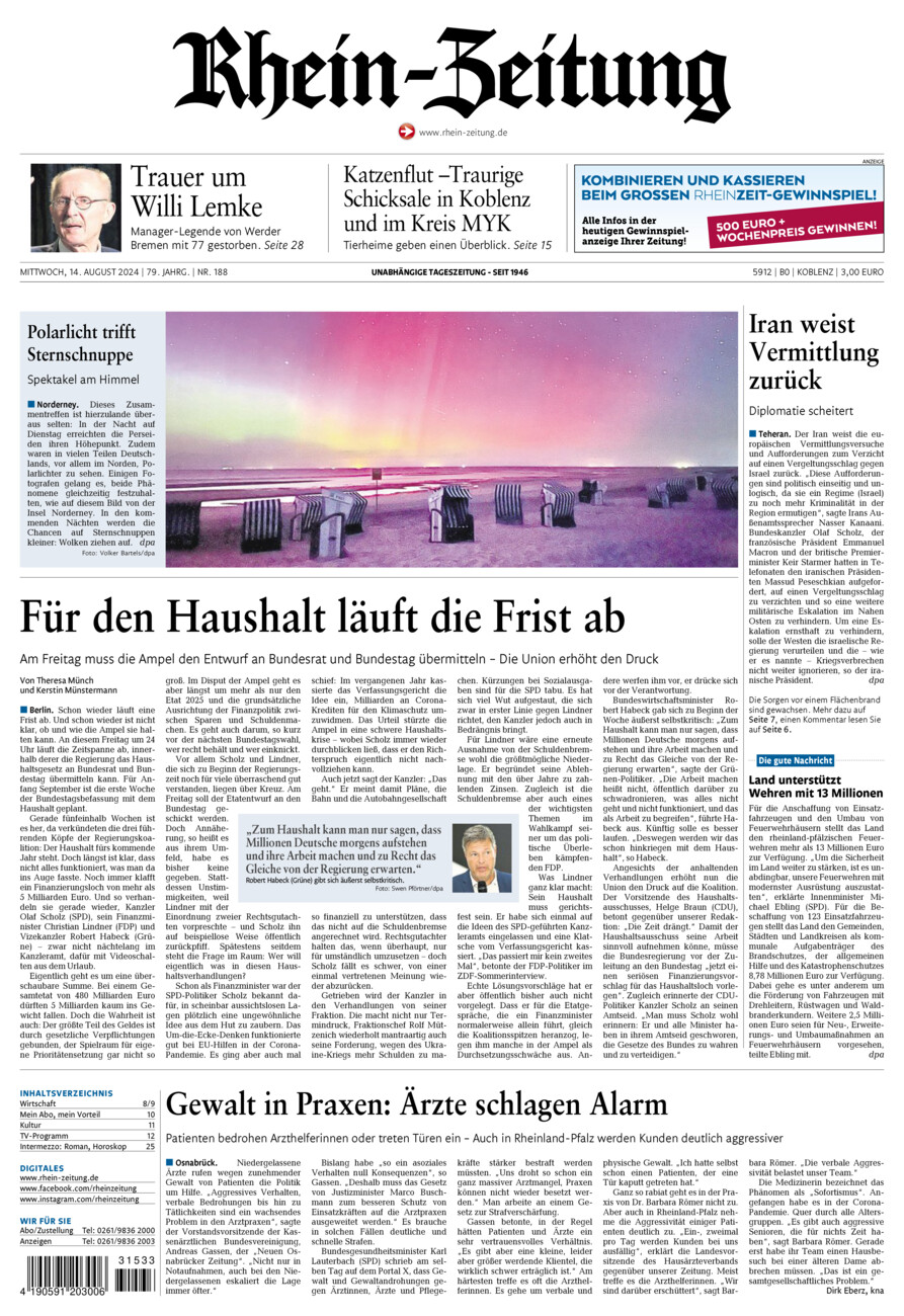 Rhein-Zeitung Koblenz & Region vom Mittwoch, 14.08.2024