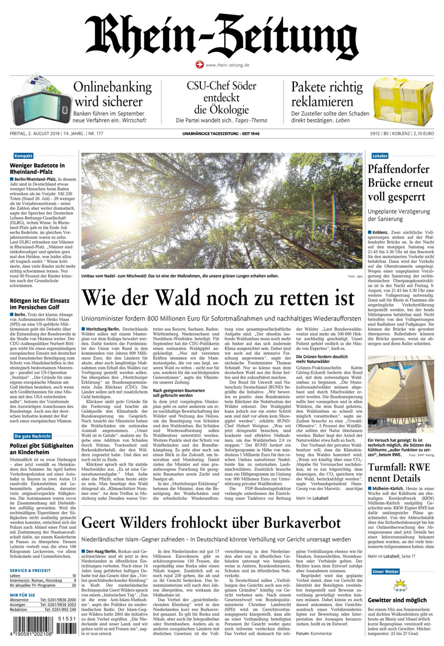 Rhein-Zeitung Koblenz & Region vom Freitag, 02.08.2019