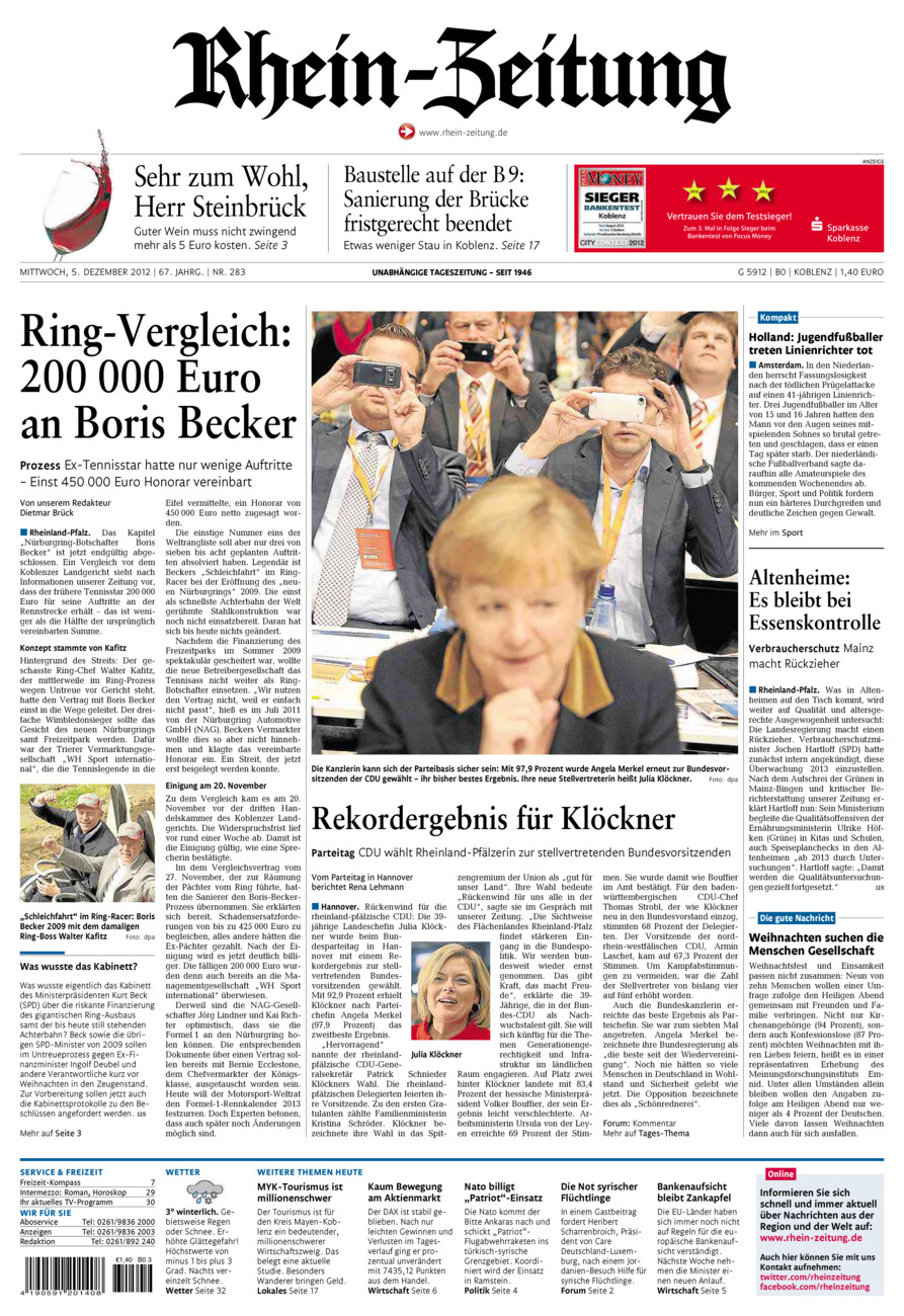 Rhein-Zeitung Koblenz & Region vom Mittwoch, 05.12.2012