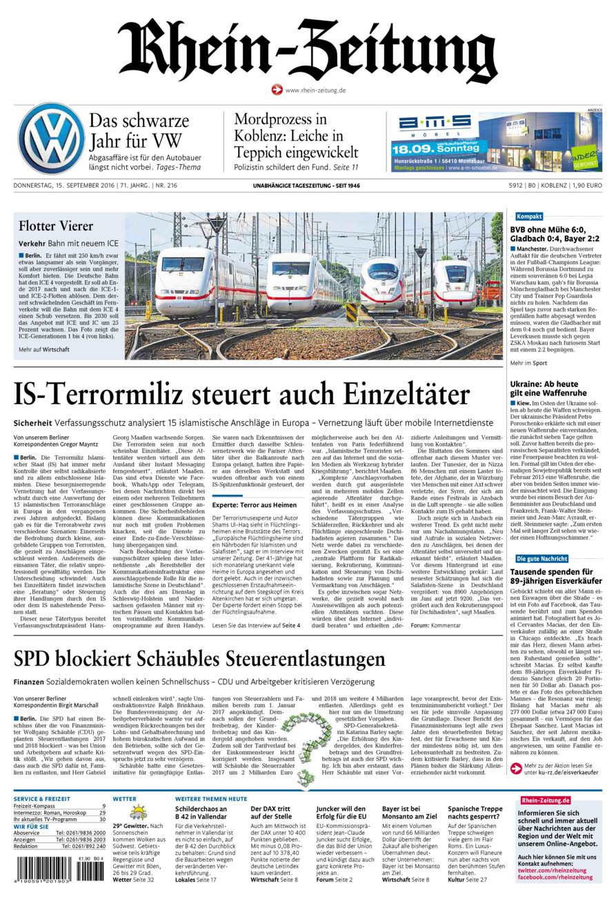 Rhein-Zeitung Koblenz & Region vom Donnerstag, 15.09.2016