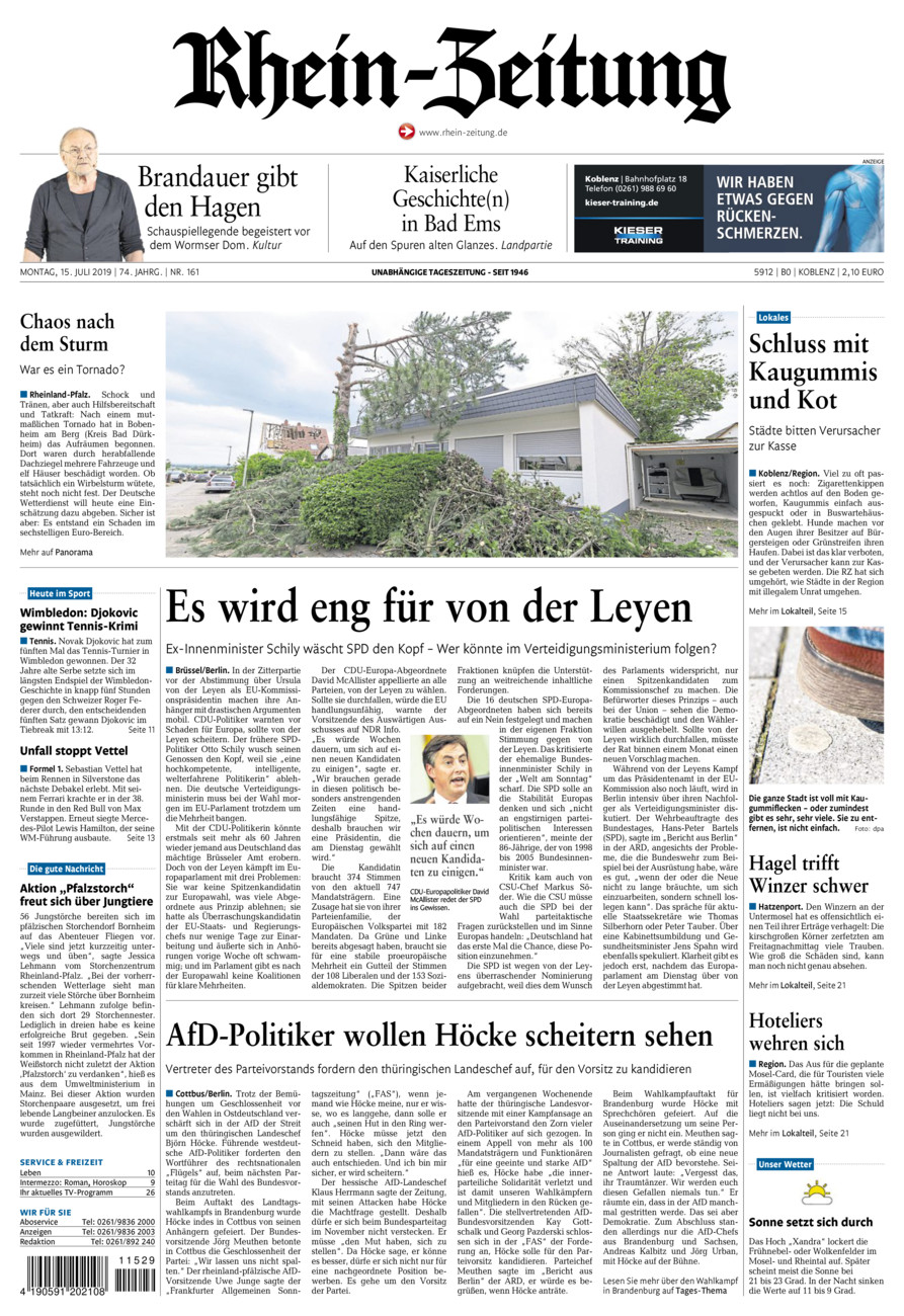 Rhein-Zeitung Koblenz & Region vom Montag, 15.07.2019
