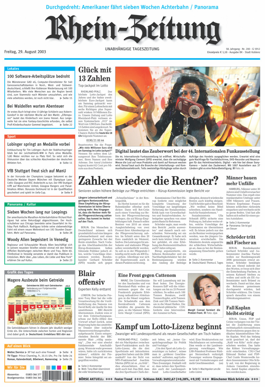 Rhein-Zeitung Koblenz & Region vom Freitag, 29.08.2003