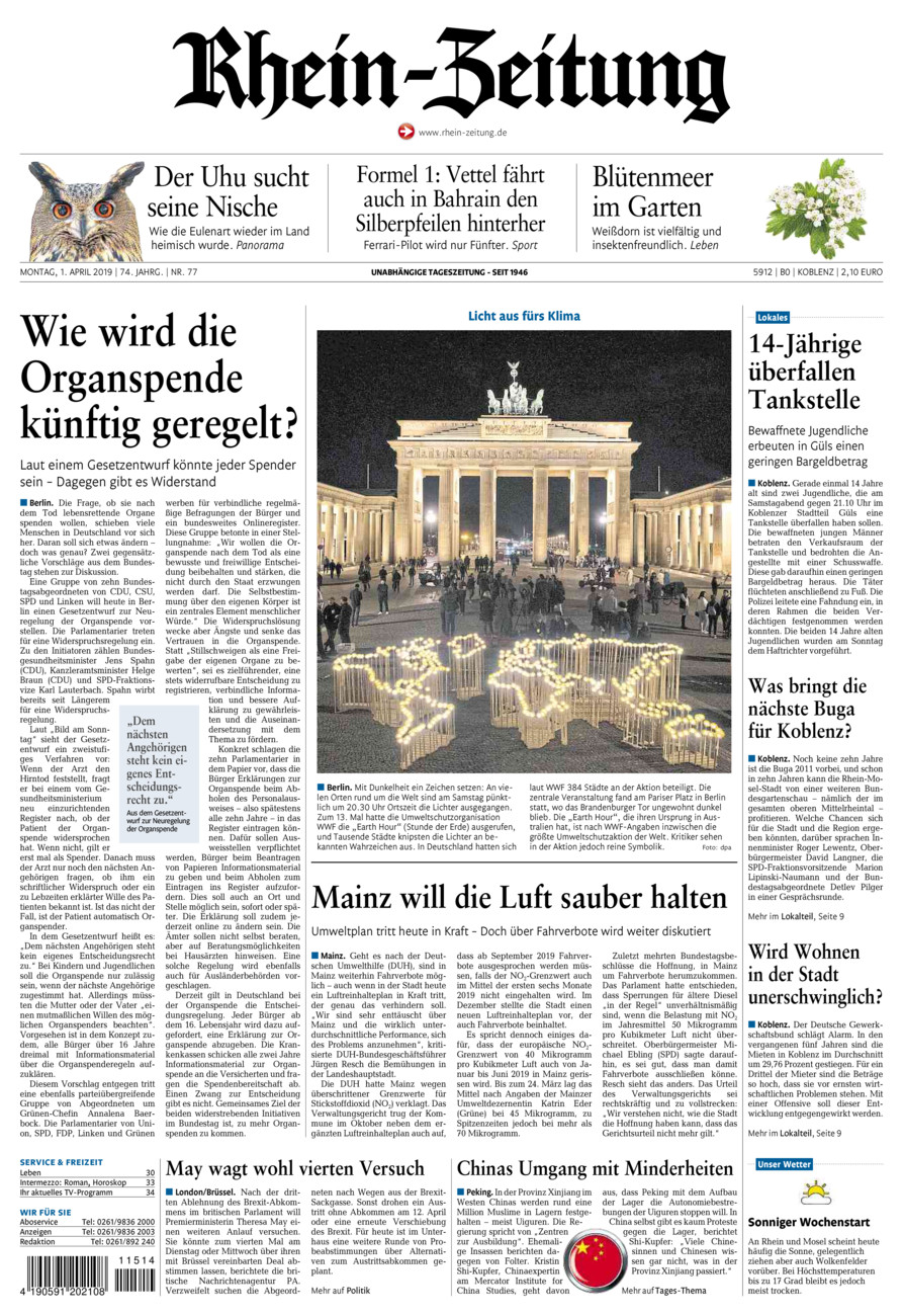 Rhein-Zeitung Koblenz & Region vom Montag, 01.04.2019