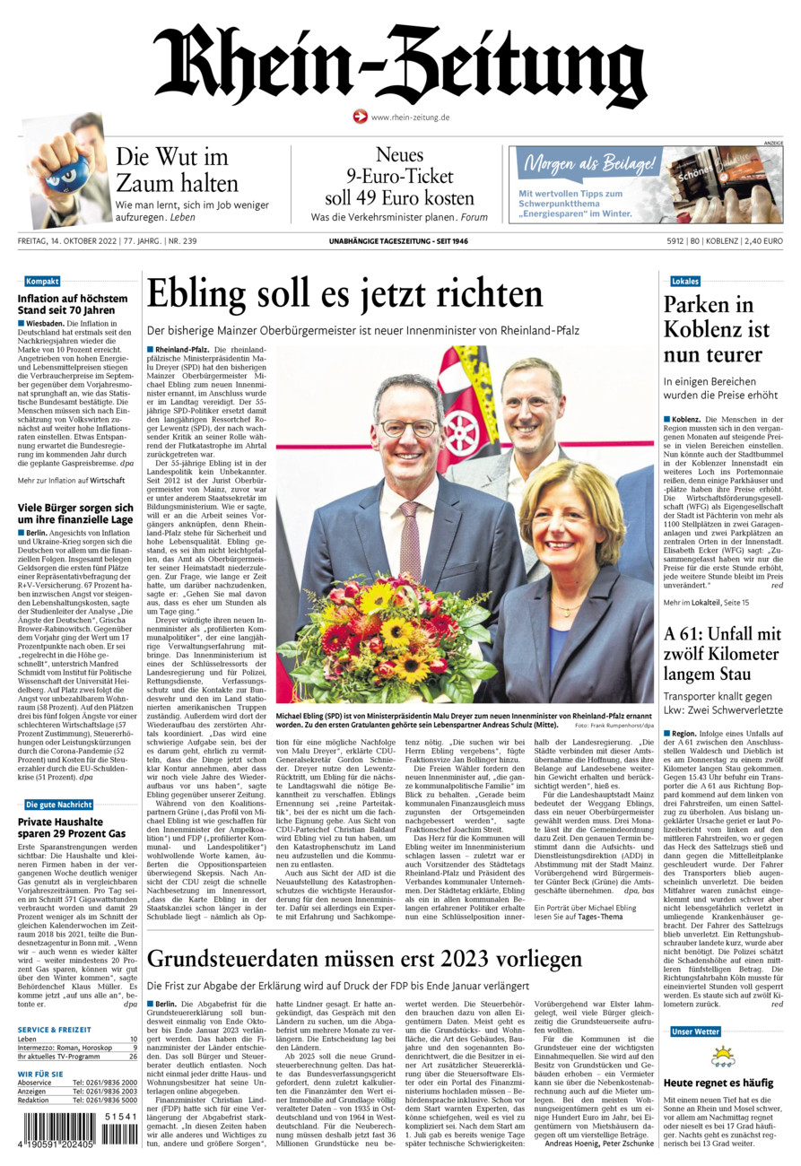 Rhein-Zeitung Koblenz & Region vom Freitag, 14.10.2022