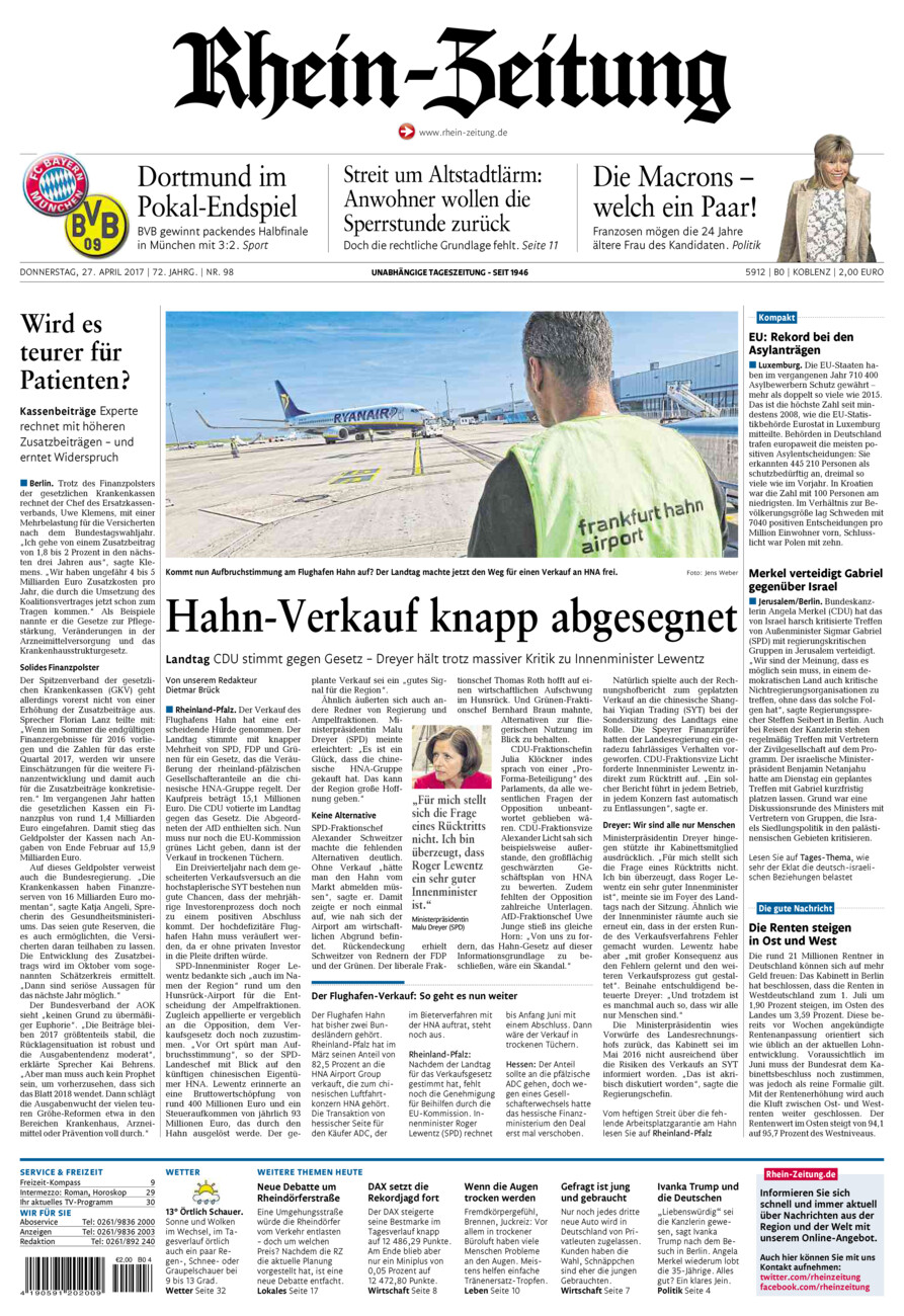 Rhein-Zeitung Koblenz & Region vom Donnerstag, 27.04.2017