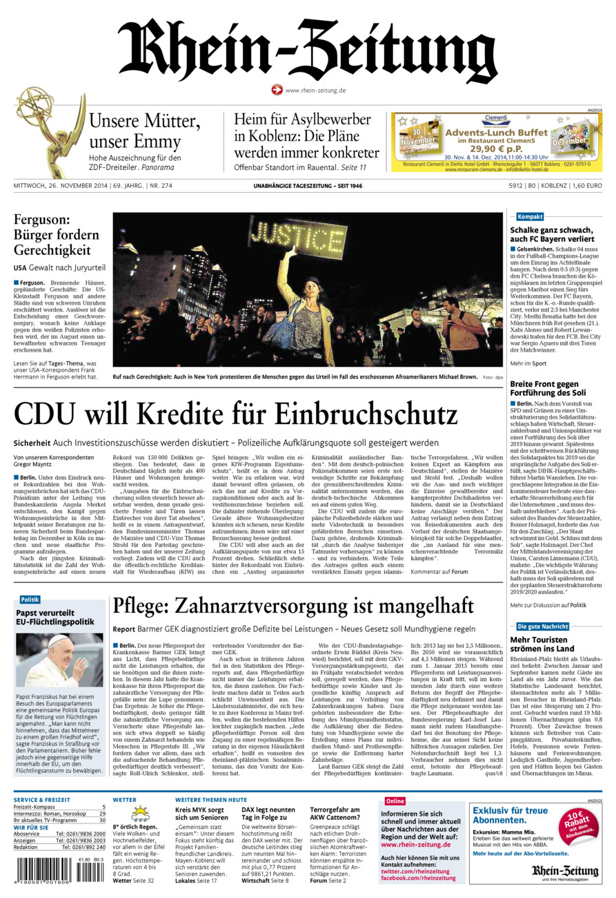 Rhein-Zeitung Koblenz & Region vom Mittwoch, 26.11.2014