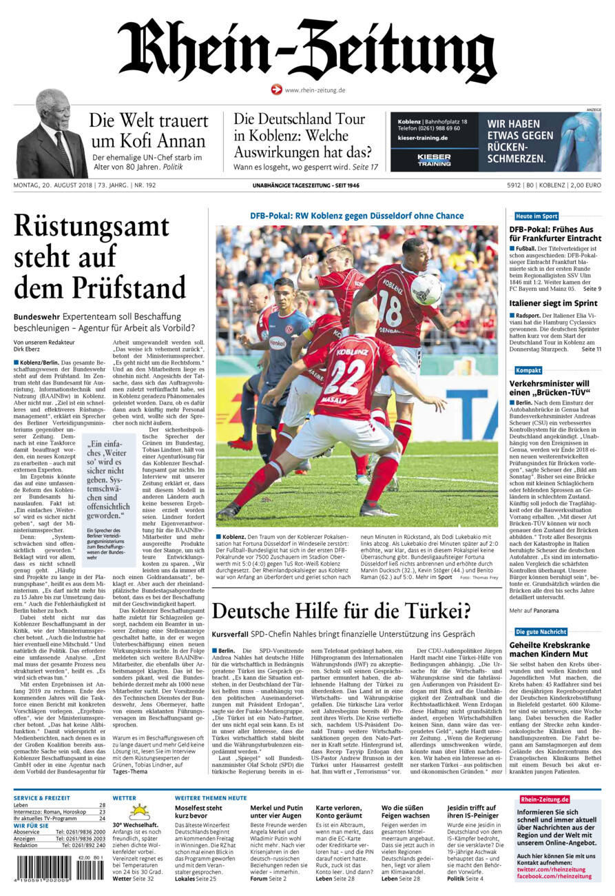 Rhein-Zeitung Koblenz & Region vom Montag, 20.08.2018