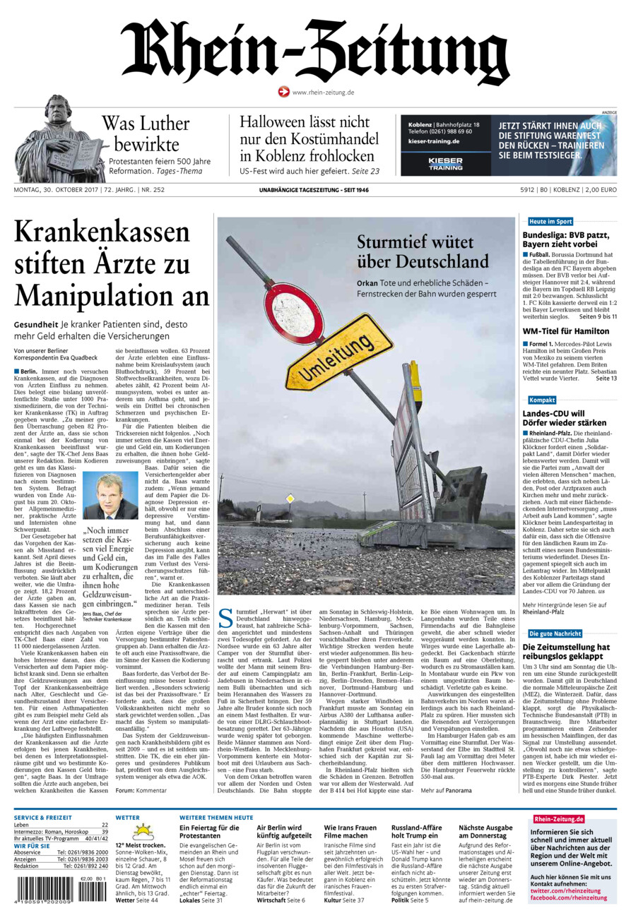 Rhein-Zeitung Koblenz & Region vom Montag, 30.10.2017