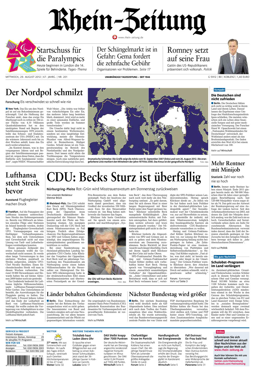 Rhein-Zeitung Koblenz & Region vom Mittwoch, 29.08.2012