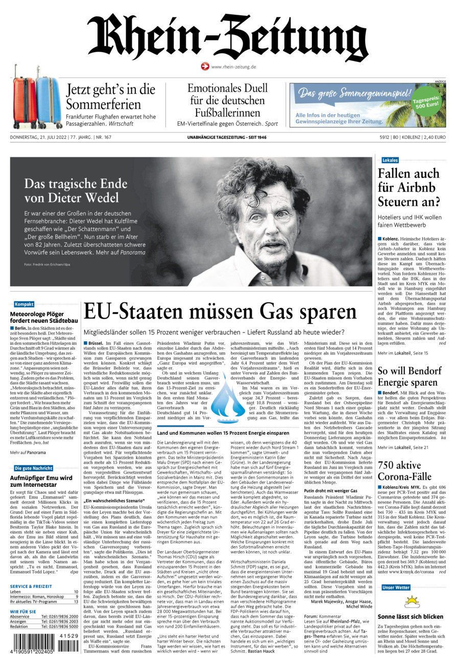 Rhein-Zeitung Koblenz & Region vom Donnerstag, 21.07.2022