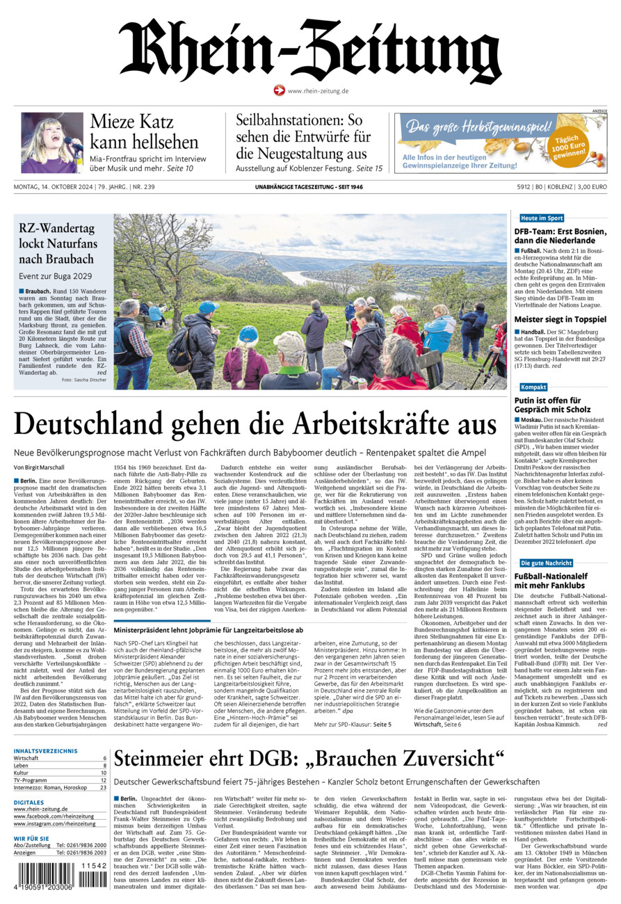 Rhein-Zeitung Koblenz & Region vom Montag, 14.10.2024