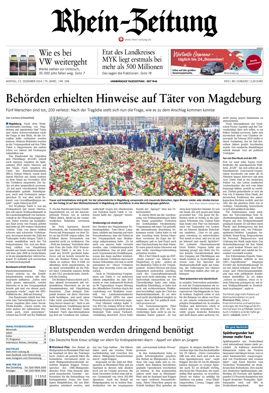 Rhein-Zeitung Koblenz & Region vom Montag, 23.12.2024