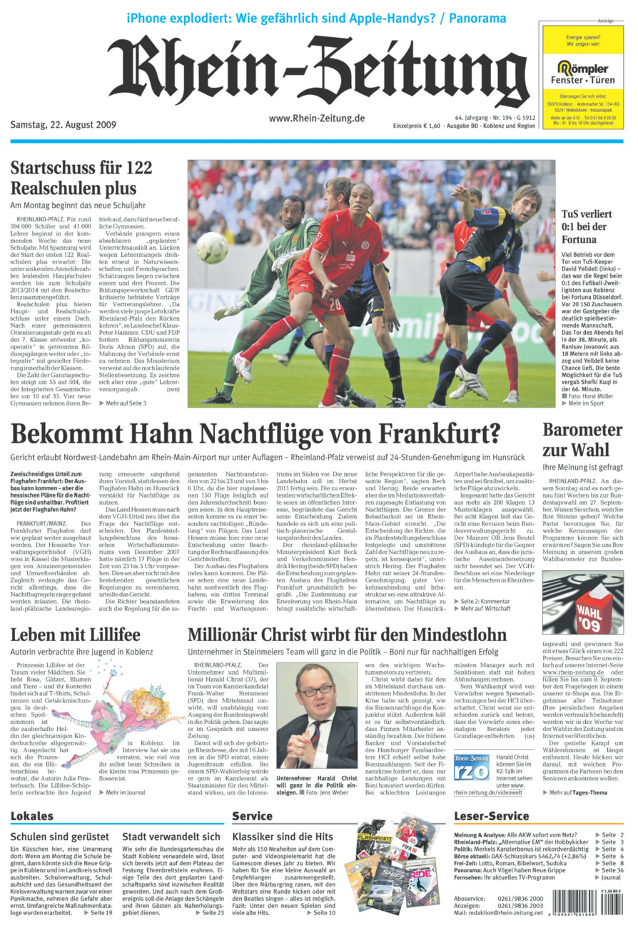 Rhein-Zeitung Koblenz & Region vom Samstag, 22.08.2009