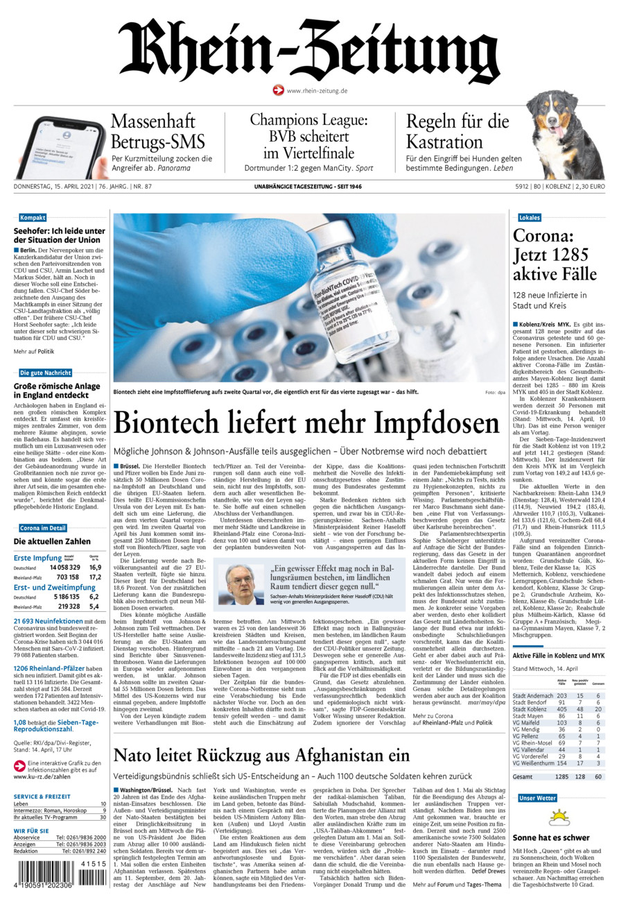 Rhein-Zeitung Koblenz & Region vom Donnerstag, 15.04.2021