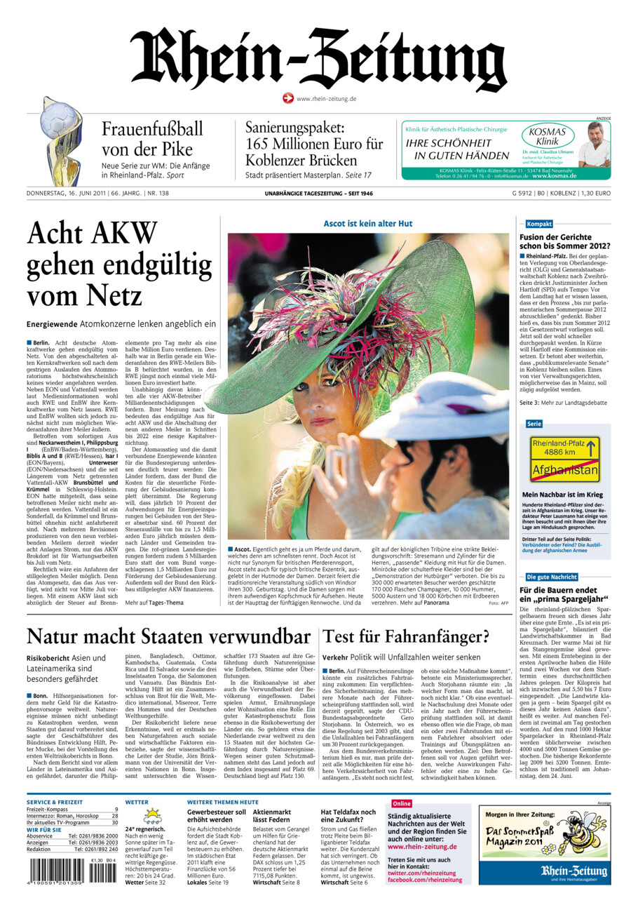 Rhein-Zeitung Koblenz & Region vom Donnerstag, 16.06.2011