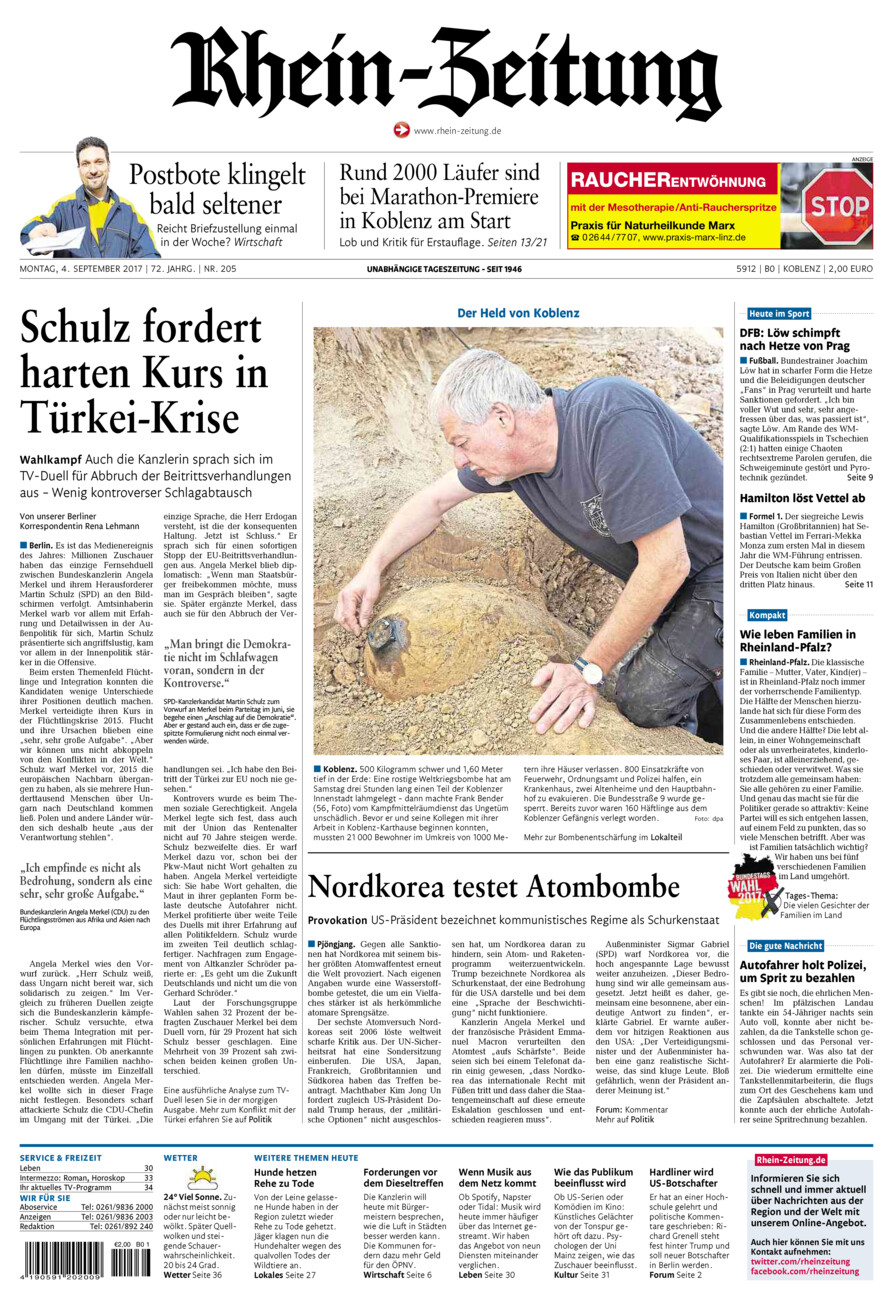 Rhein-Zeitung Koblenz & Region vom Montag, 04.09.2017