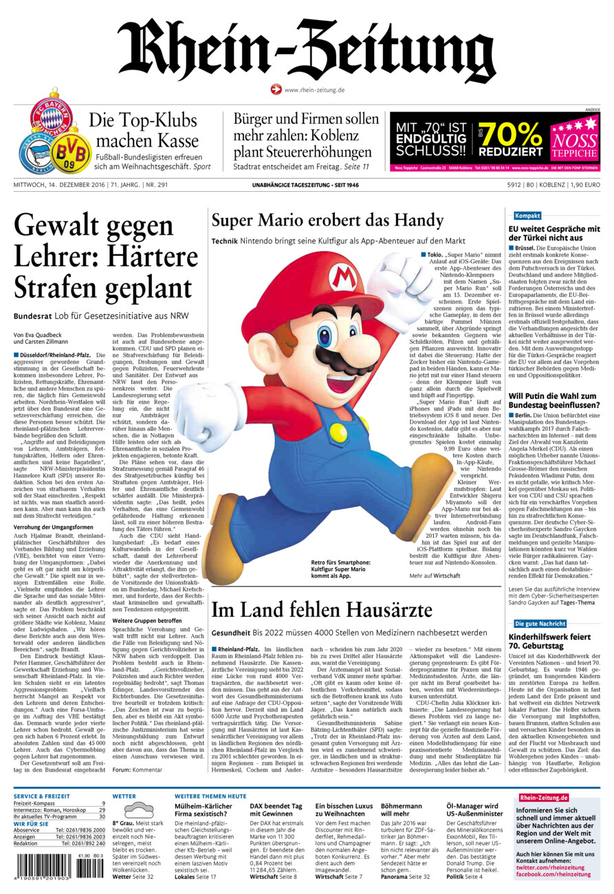 Rhein-Zeitung Koblenz & Region vom Mittwoch, 14.12.2016