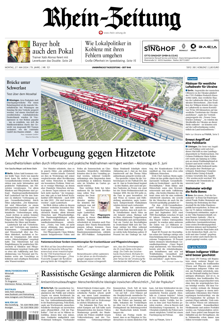 Rhein-Zeitung Koblenz & Region vom Montag, 27.05.2024