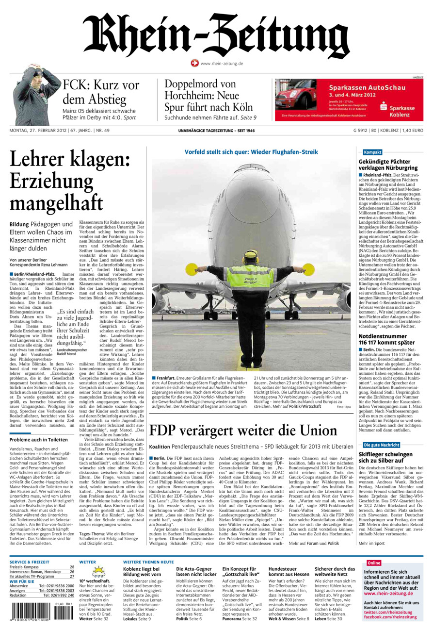 Rhein-Zeitung Koblenz & Region vom Montag, 27.02.2012