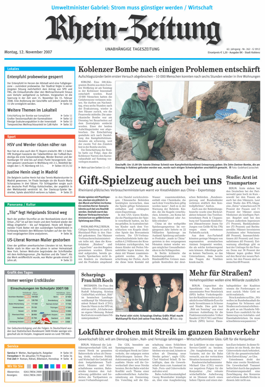 Rhein-Zeitung Koblenz & Region vom Montag, 12.11.2007