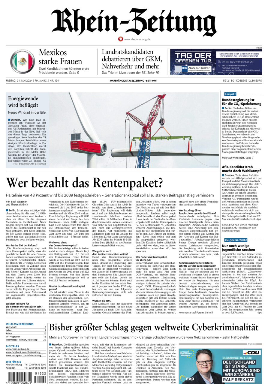 Rhein-Zeitung Koblenz & Region vom Freitag, 31.05.2024