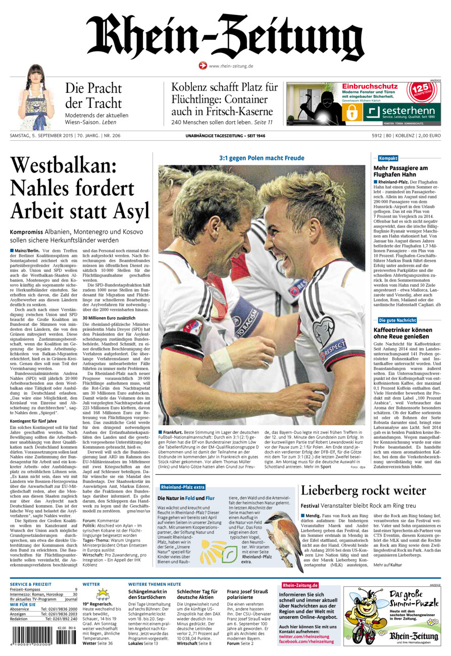 Rhein-Zeitung Koblenz & Region vom Samstag, 05.09.2015