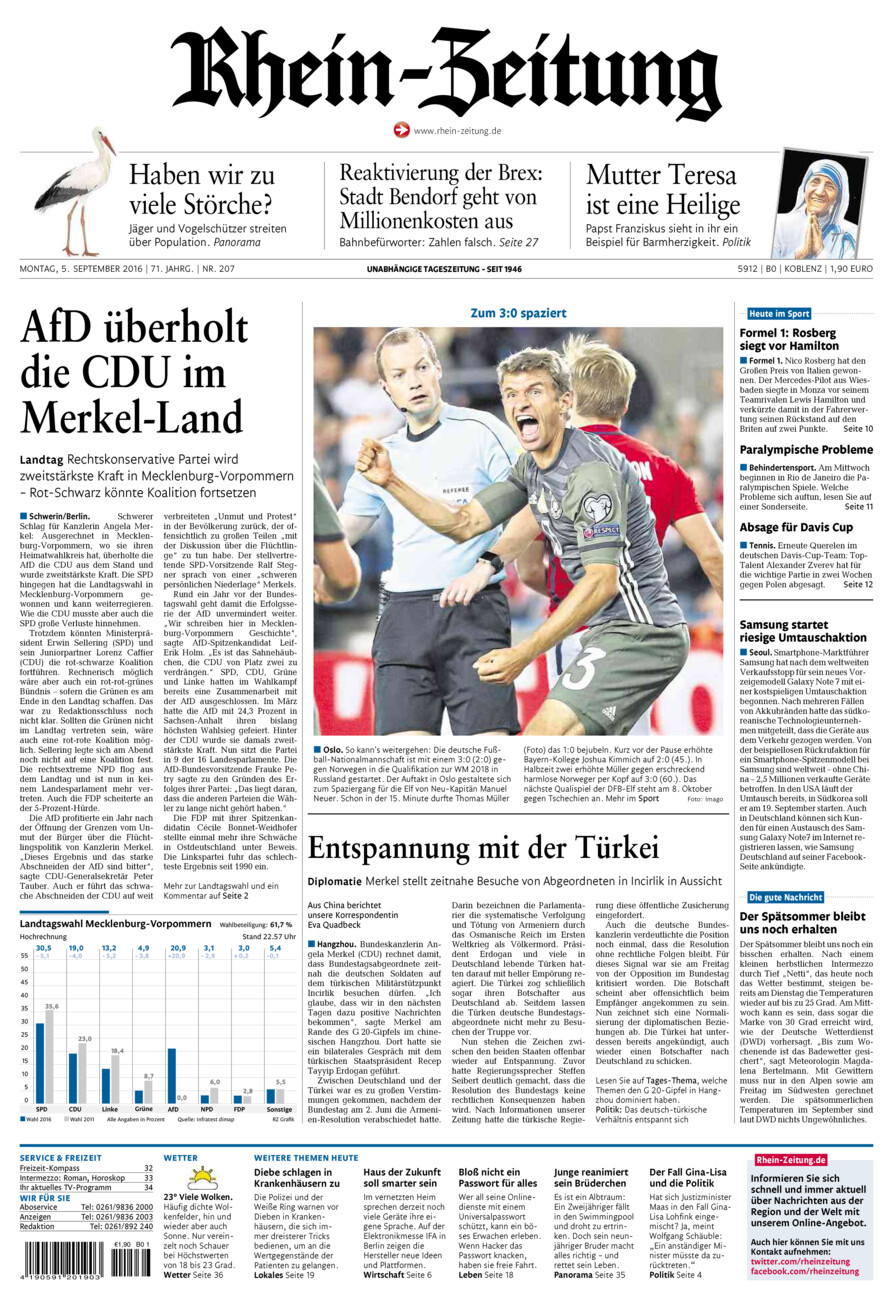 Rhein-Zeitung Koblenz & Region vom Montag, 05.09.2016