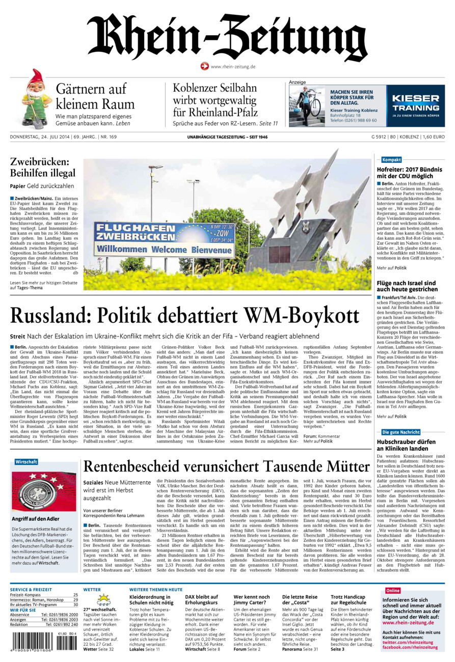 Rhein-Zeitung Koblenz & Region vom Donnerstag, 24.07.2014