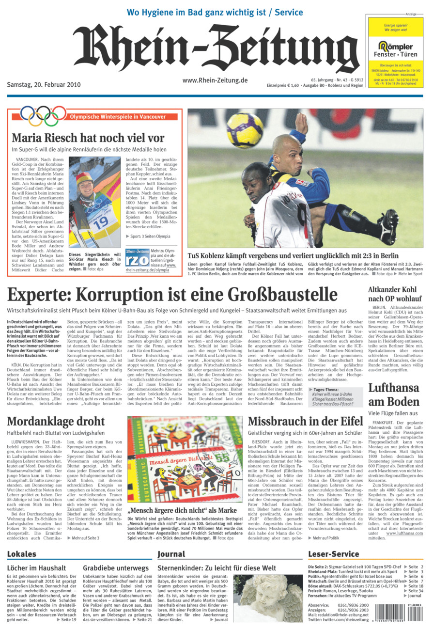 Rhein-Zeitung Koblenz & Region vom Samstag, 20.02.2010