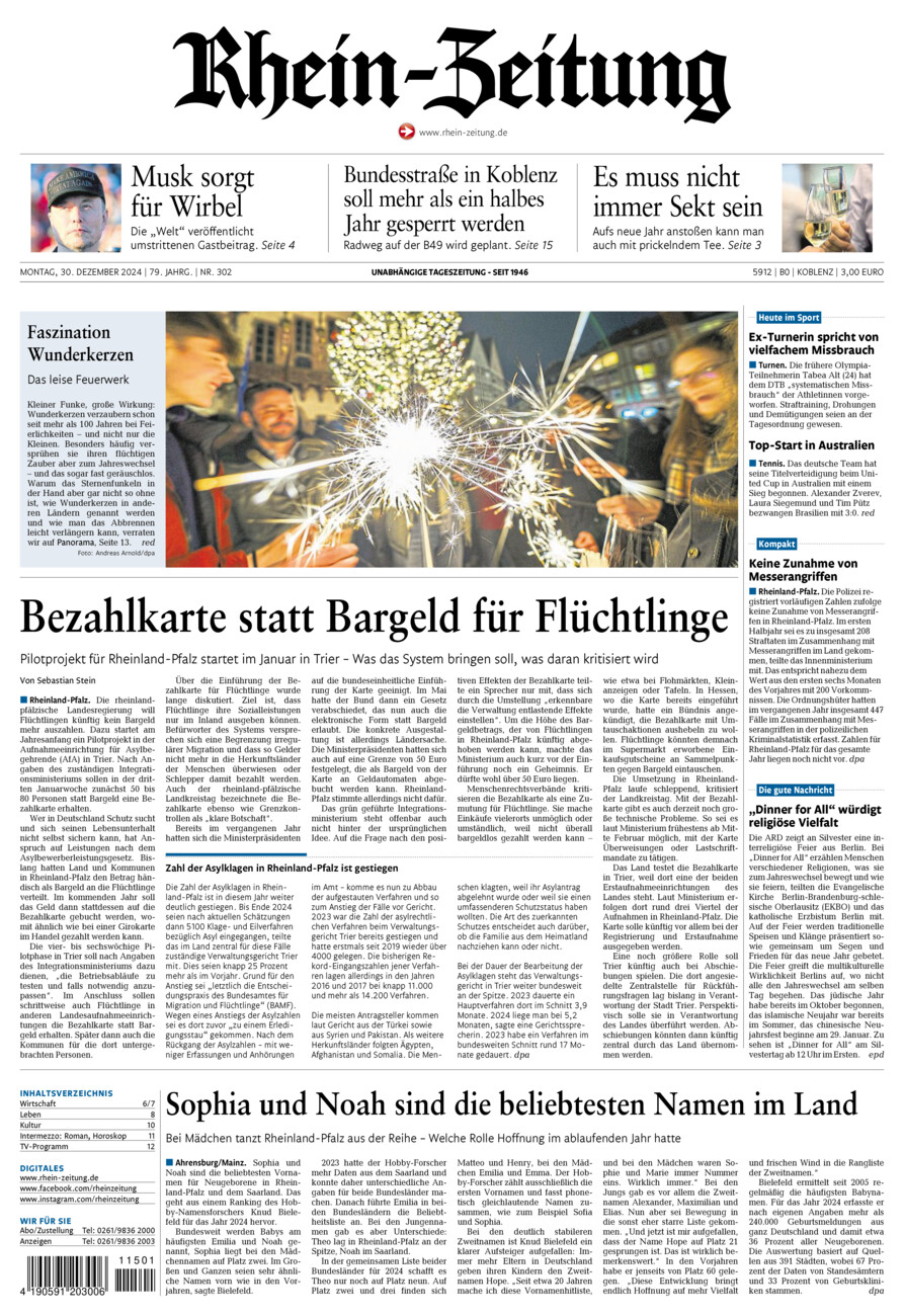 Rhein-Zeitung Koblenz & Region vom Montag, 30.12.2024