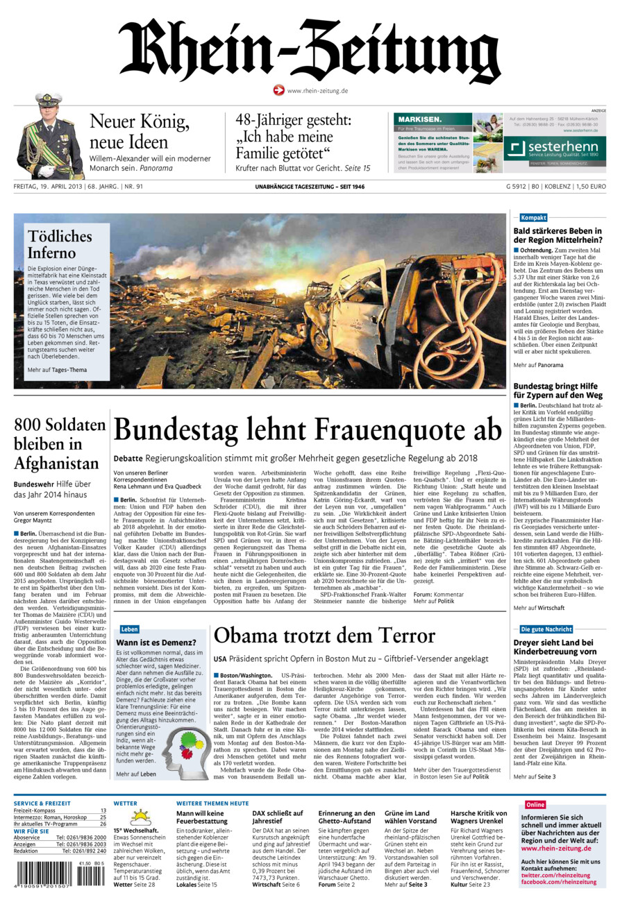 Rhein-Zeitung Koblenz & Region vom Freitag, 19.04.2013