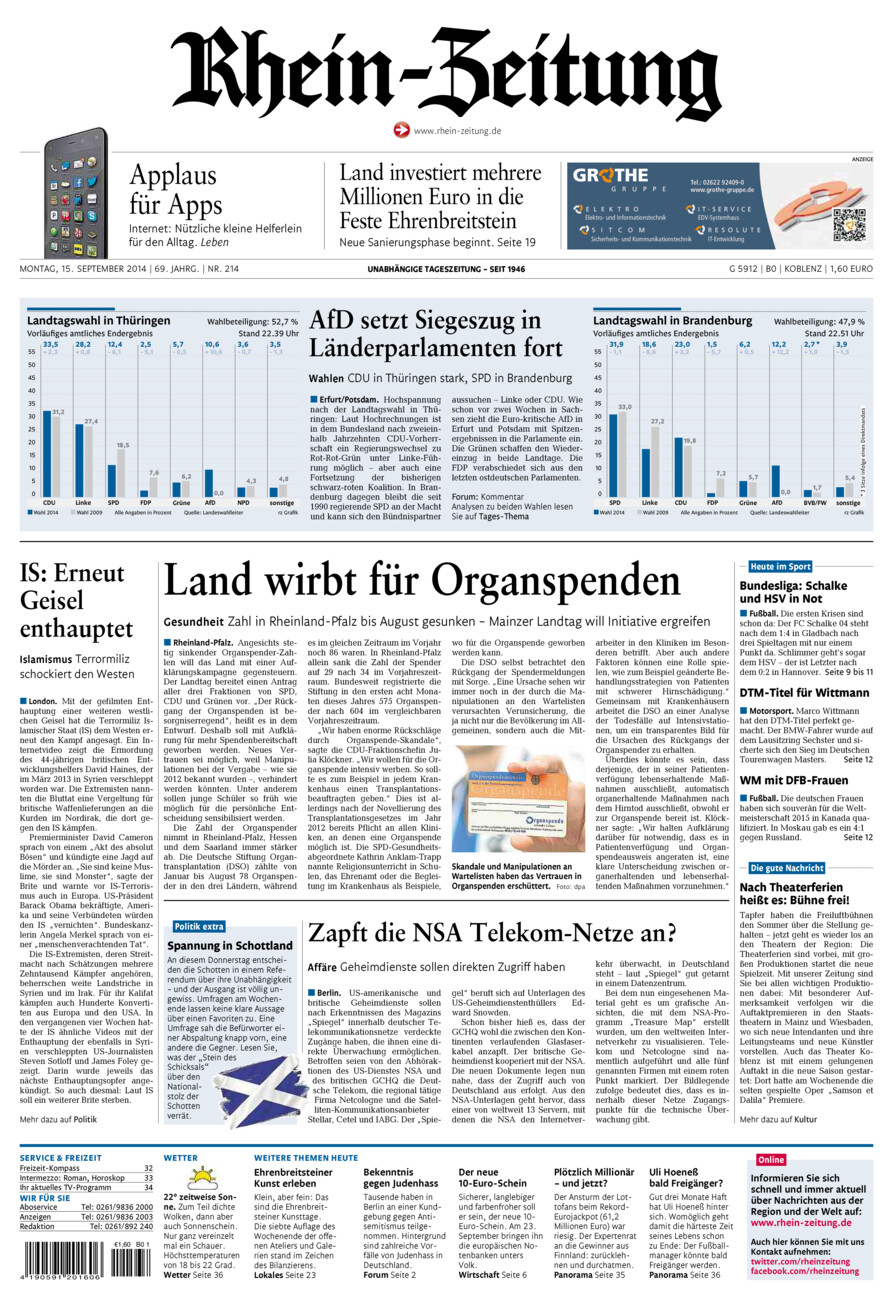Rhein-Zeitung Koblenz & Region vom Montag, 15.09.2014